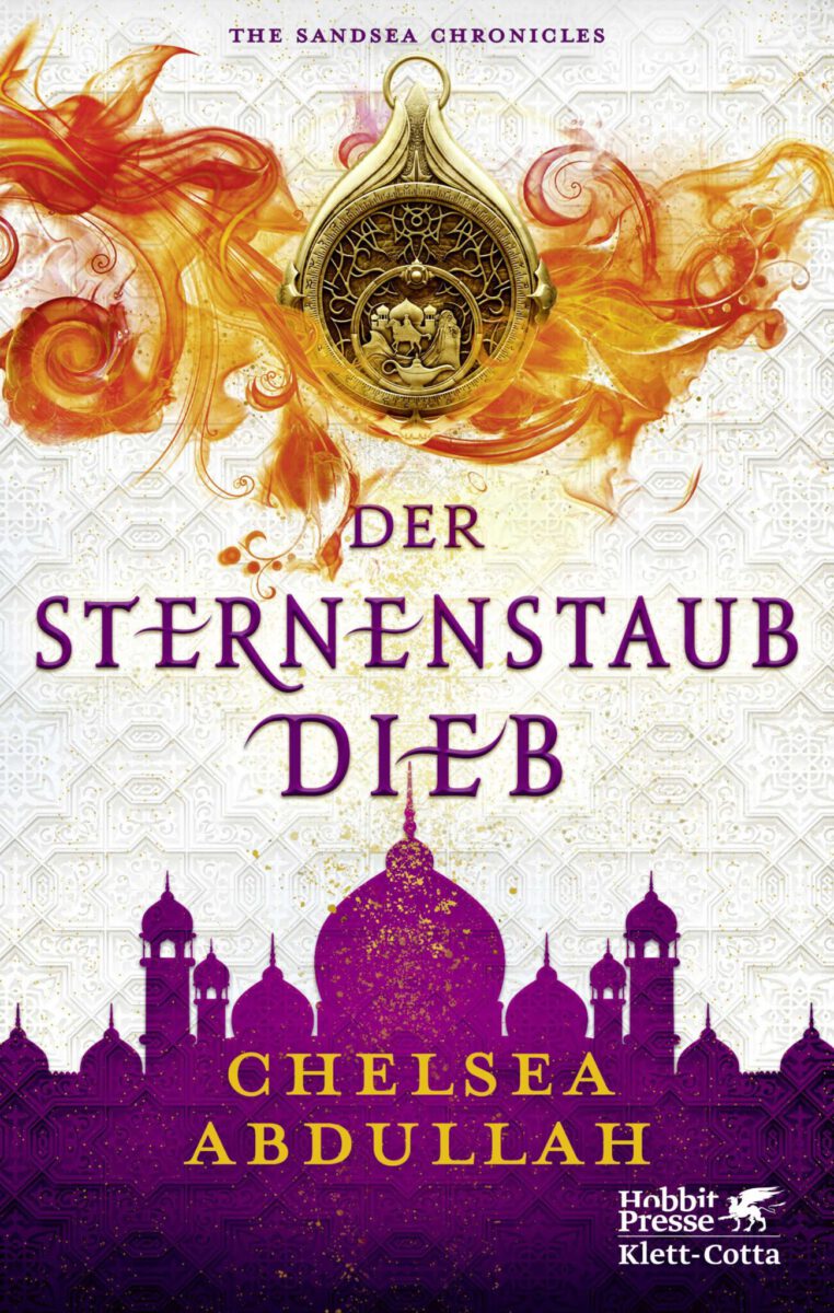 Buchcover Der Sternenstaubdieb von Chelsea Abdullah zeigt ein Amulett, Flammen, eine Stadtkulisse mit runden Kuppeldächern